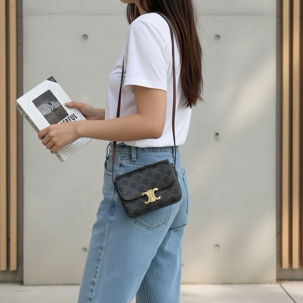 Include Entrupy Certificate of Authenticity｜Very Good ( Rank A) ｜ CELINE Macadam Triomphe Teen Shoulder Bag｜S26030101