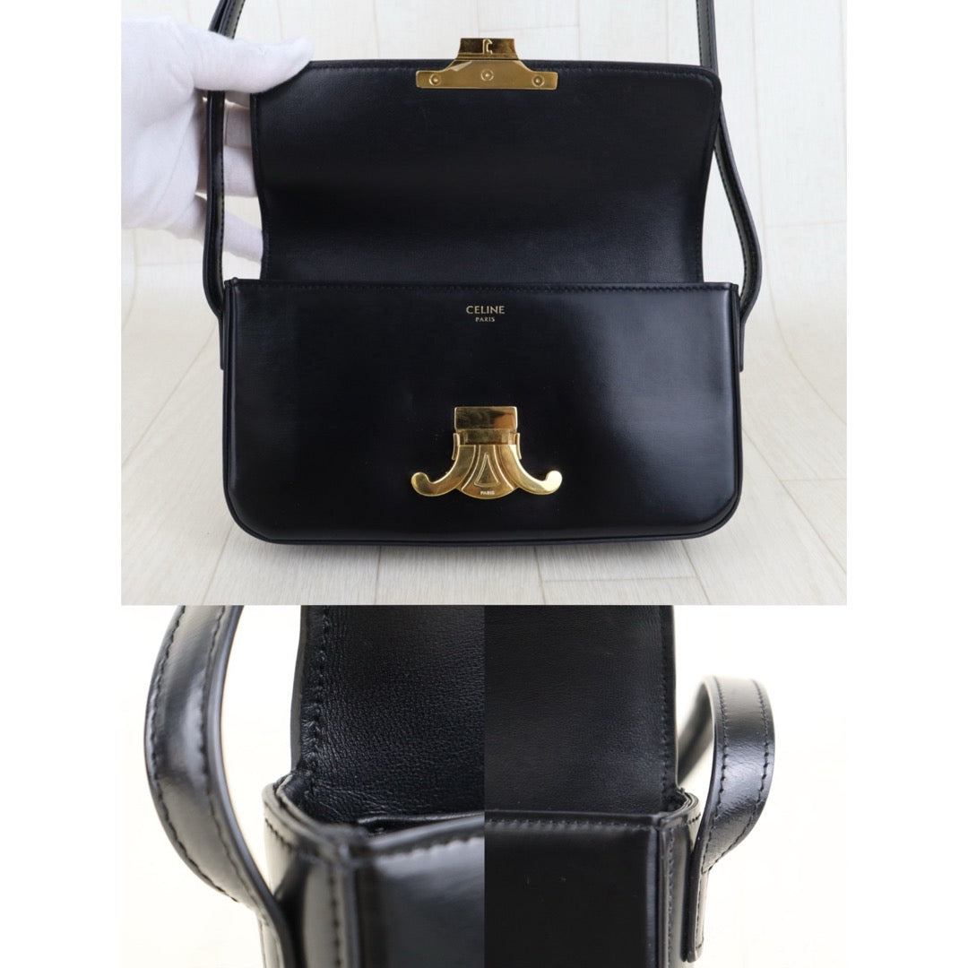 Very Good ( Rank A)｜CELINE Calf Leather Triomphe Black Shoulder Bag Golden Hardware｜S25103010
