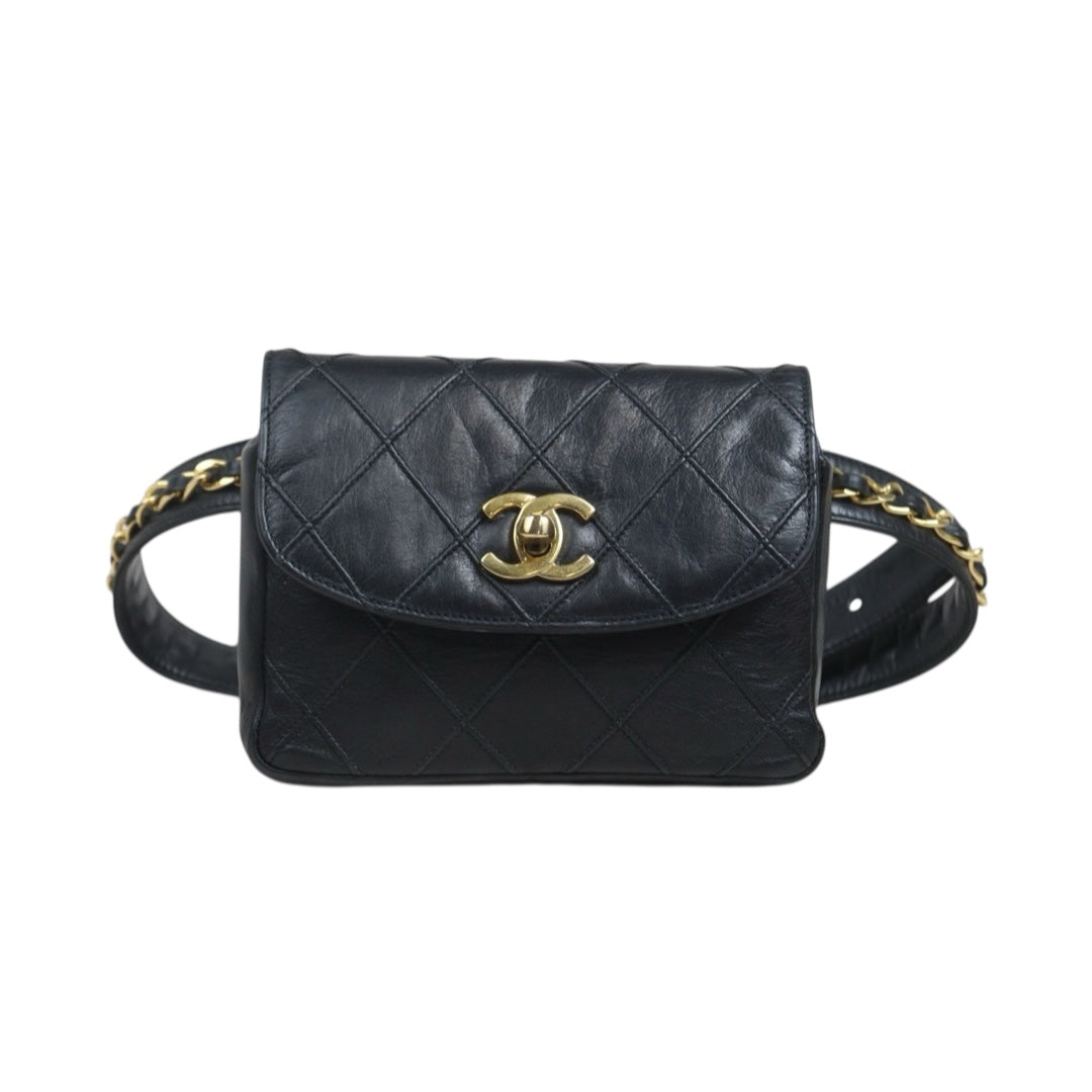 Include Entrupy Certificate of Authenticity｜Good ( Rank AB)｜ CHANEL Lamb Skin Matrasse Chain BumBag Black ｜26071502
