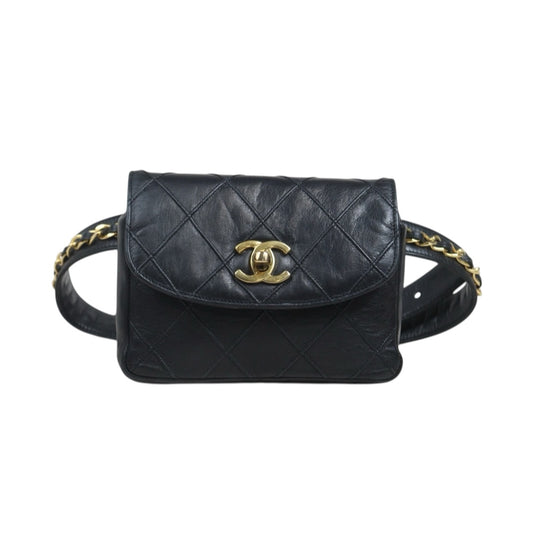 Include Entrupy Certificate of Authenticity｜Good ( Rank AB)｜ CHANEL Lamb Skin Matrasse Chain BumBag Black ｜26071502