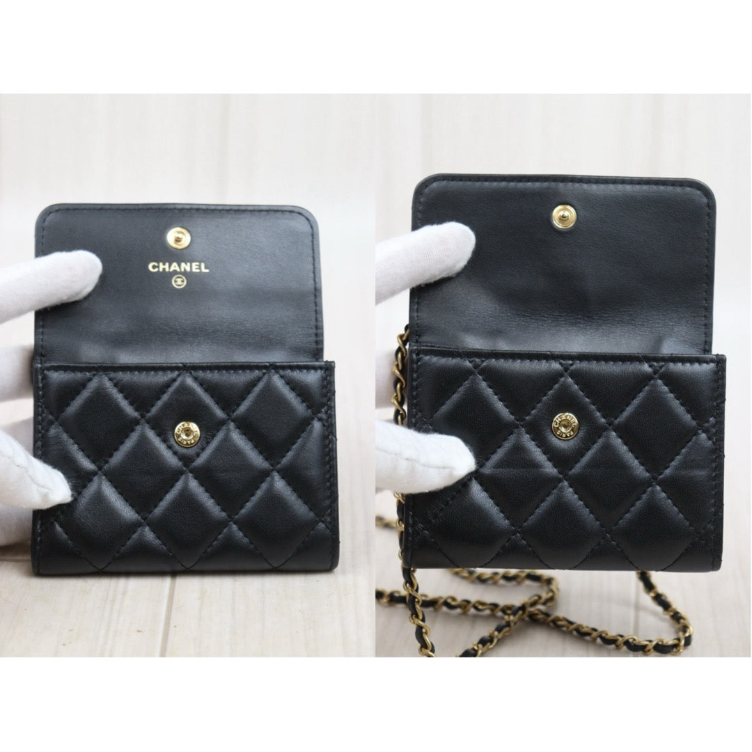 Very Good ( Rank A)｜ CHANEL Matelasse Chain Lamb Skin Coco Mark Card Holder Black Made In 2020-2021Year ｜P25080608