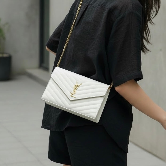 Include Entrupy Certificate of Authenticity｜Very Good ( Rank A)｜ Saint Laurent YSL Caviar Skin Shoulder Bag White MM｜X26041417