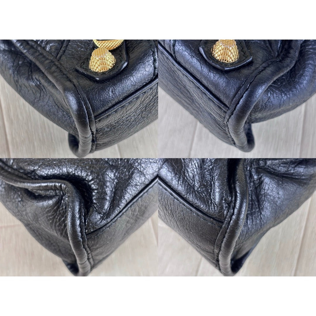 Include Entrupy Certificate of Authenticity｜Good ( Rank AB)｜Balenciaga Chevre Leather Gaint Classic Metallic Edge City Mini Black HandBag Shoulder Bag ｜Z26092903
