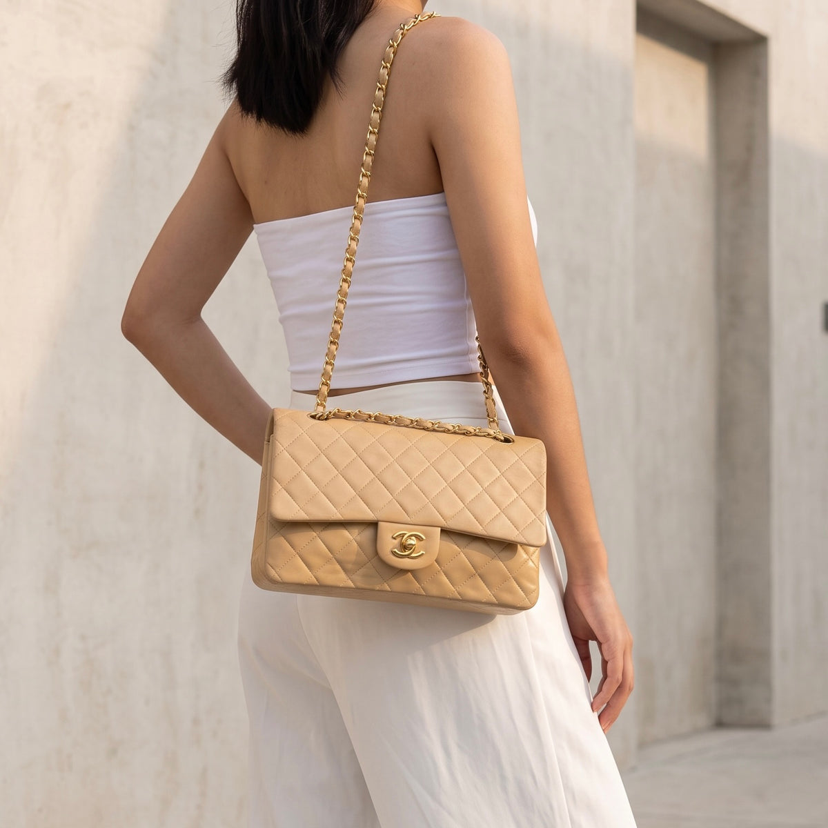 Include Entrupy Certificate of Authenticity｜Good ( Rank AB)｜ CHANEL Lamb Skin Matrasse Chain Double Flap 25 Shoulder Bag  Beige Made In 1989-1991 Year｜26092503