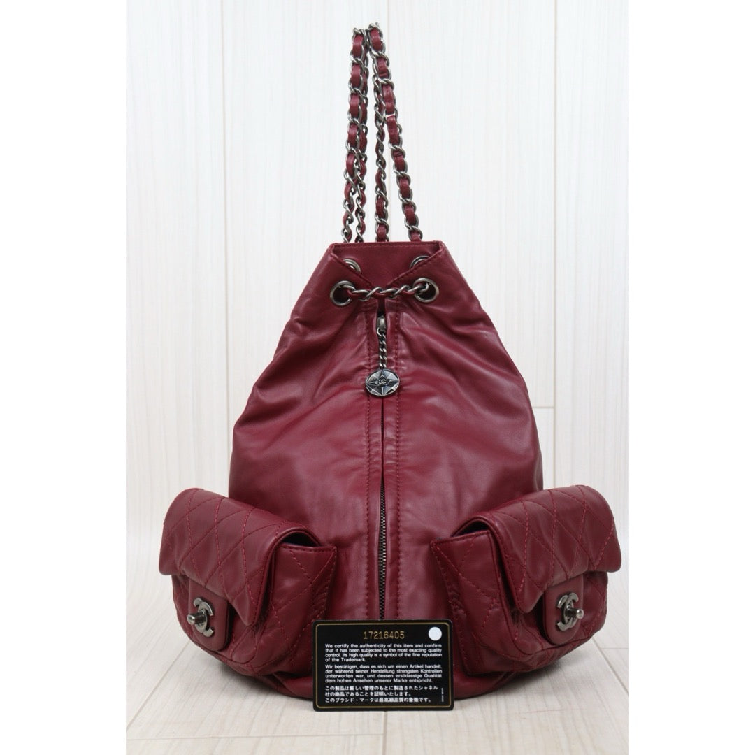 Good ( Rank AB) ｜CHANEL Matrasse Chain Lamb Skin Frog Backpack Dark Red  Made in 2012-2013 Year｜L25111603