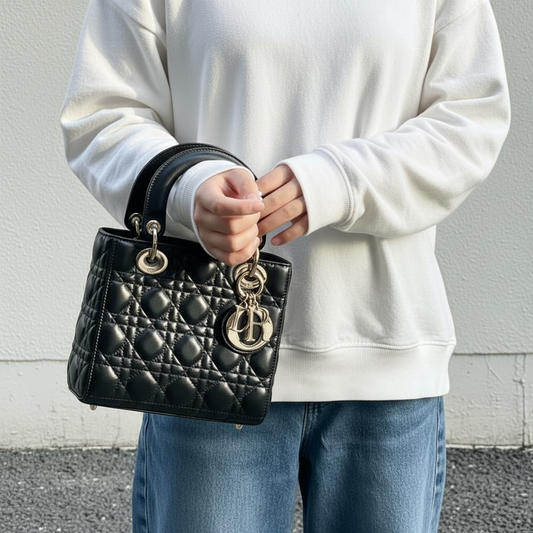 Include Entrupy Certificate of Authenticity｜Very Good ( Rank A) ｜  Dior Lady Dior Lamb Skin 2WAY Handbag Shoulder Bag Black ｜S26030826