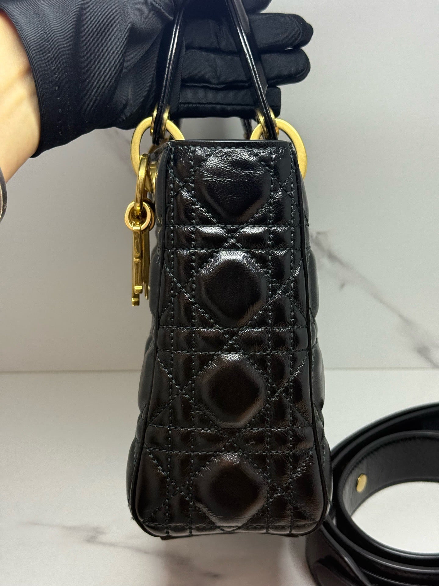 Dior Small Lady Dior Cafe Skin 2WAY Shoulder Bag Handbag Black