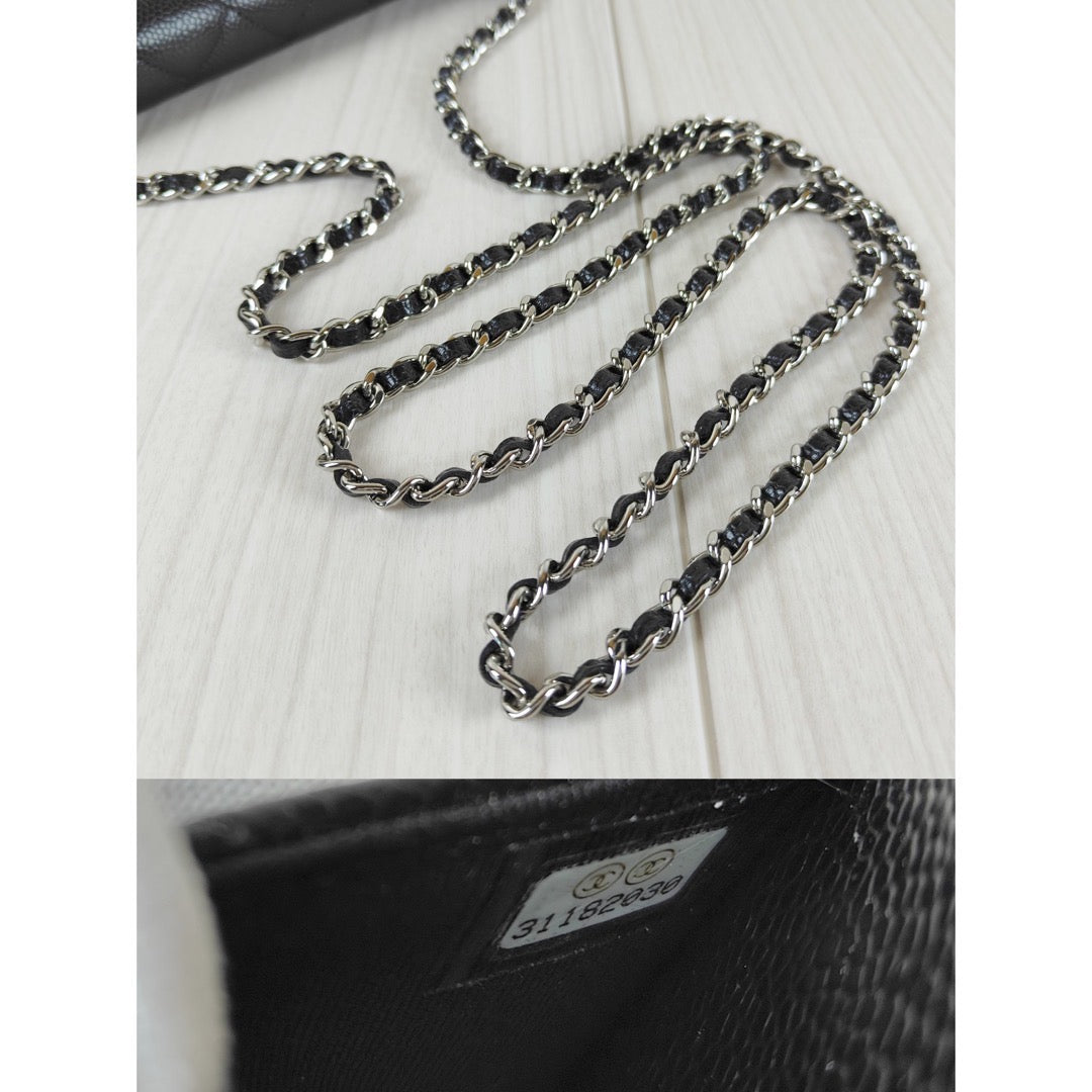 Rank S｜ CHANEL Matelasse Caviar Skin Chain Wallet Black Silver Hardware Made in 2021-2022 Year ｜S23120202