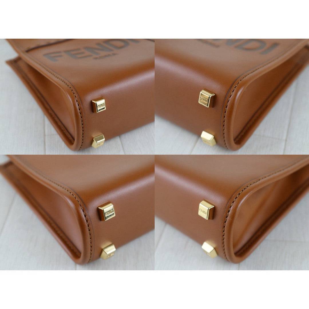 Include Entrupy Certificate of Authenticity｜Very Good ( Rank A)｜ FENDI Calfskin Leather Sunshine Mini  Tote Bag Shoulder Bag Brown｜S26030821