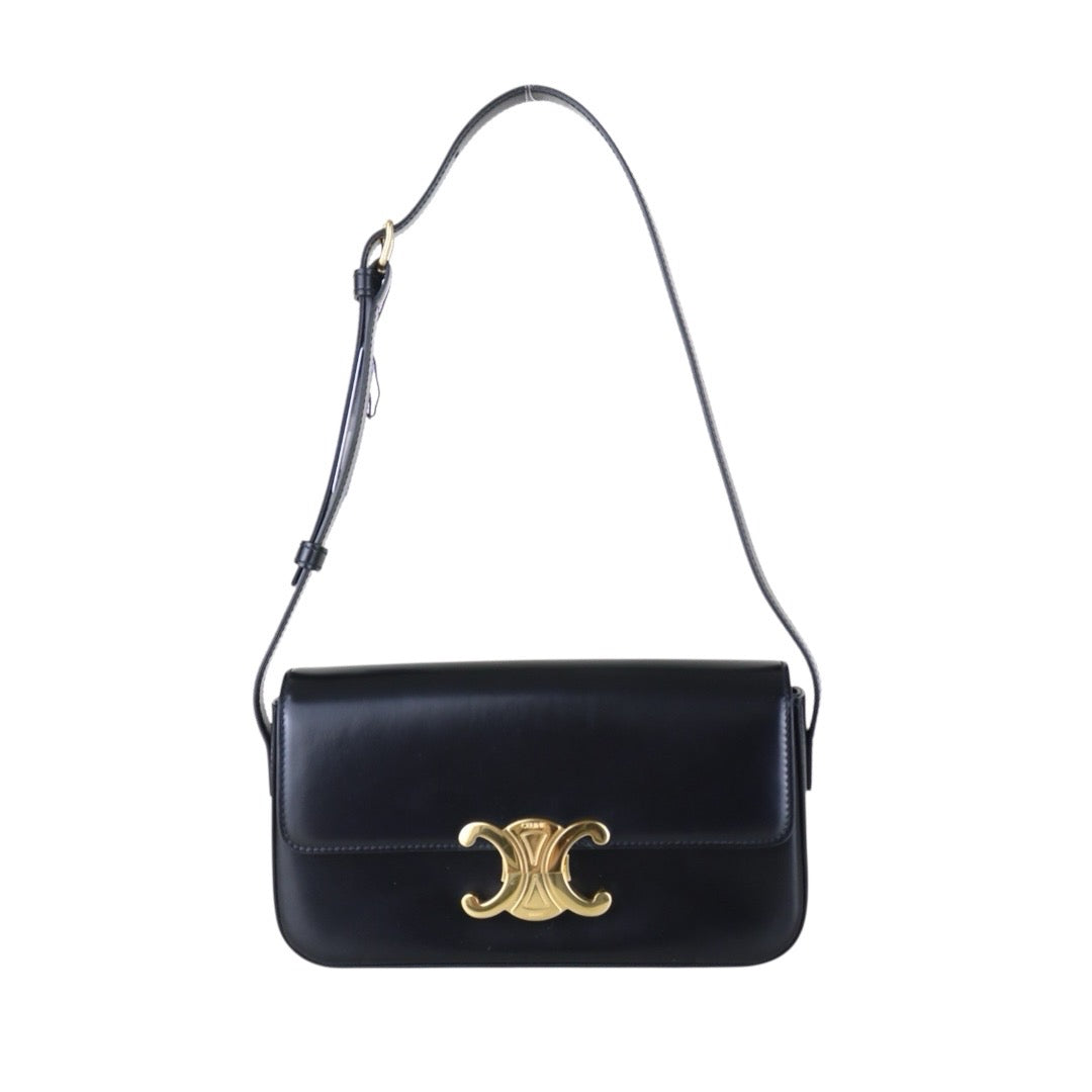 Include Entrupy Certificate of Authenticity｜Good ( Rank A) ｜CELINE Calf Leather Triomphe Black Shoulder Bag Golden Hardware｜S26080113