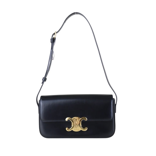Include Entrupy Certificate of Authenticity｜Good ( Rank A) ｜CELINE Calf Leather Triomphe Black Shoulder Bag Golden Hardware｜S26080113