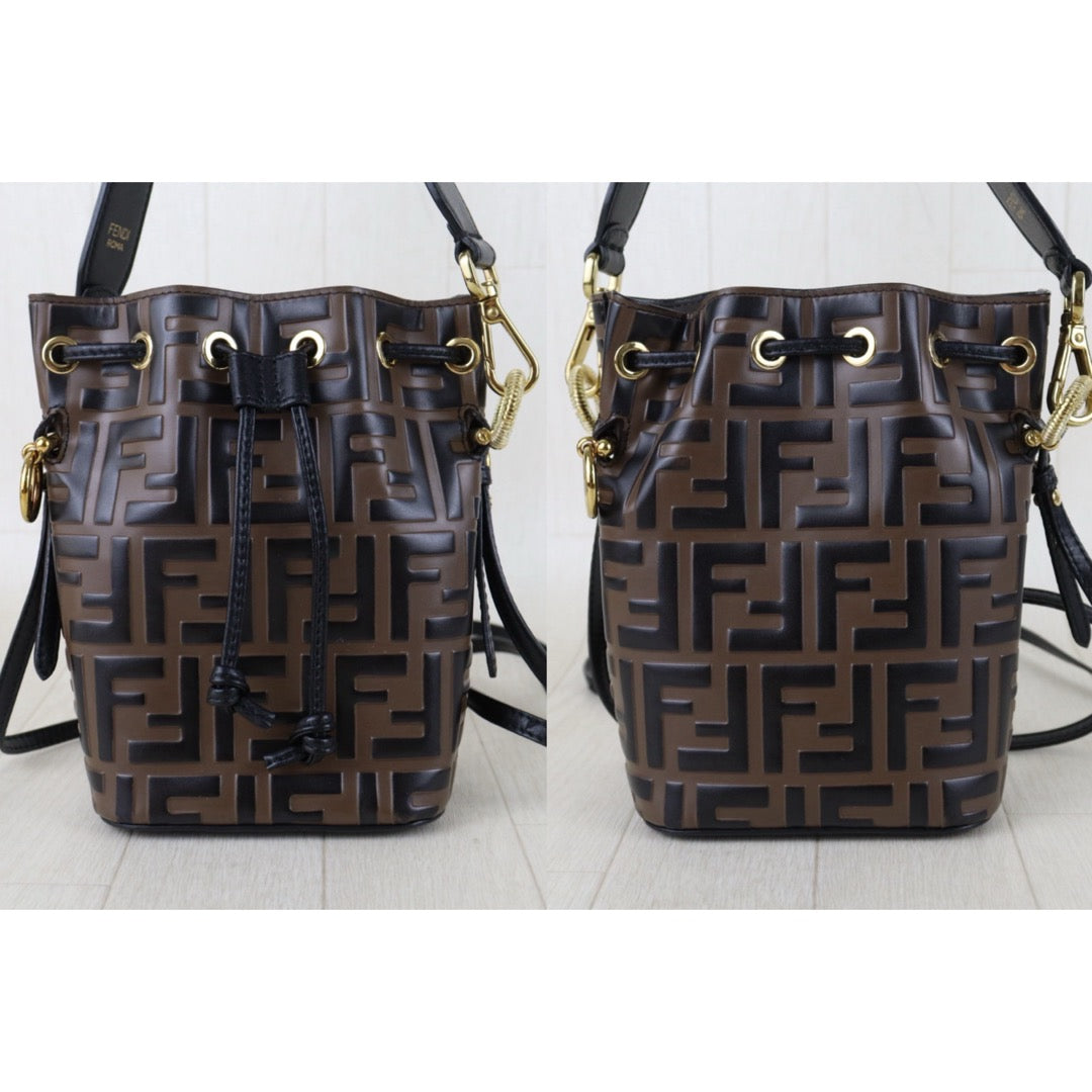 Include Entrupy Certificate of Authenticity｜Very Good ( Rank A)｜ FENDI Zucca Calf Leather Mini Mon Tresor Bucket bag Shoulder Bag Brown ｜S26042203
