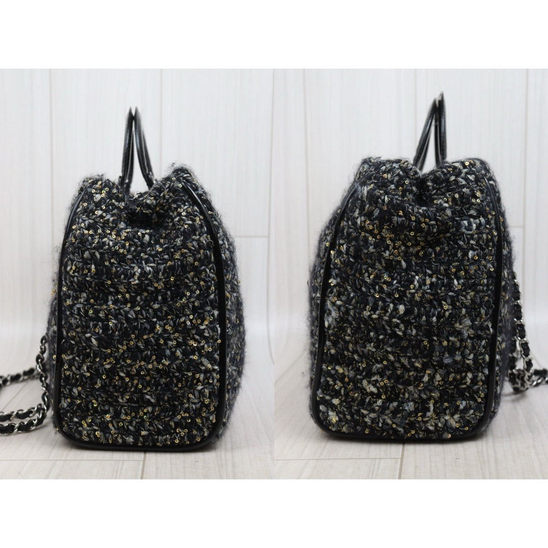 Include Entrupy Certificate of Authenticity｜Good ( Rank AB) ｜ CHANEL  Woolen Matrasse Chain 2 Way ToteBag Shoulder Bag Black Made In 2009-2010Year ｜A26042106