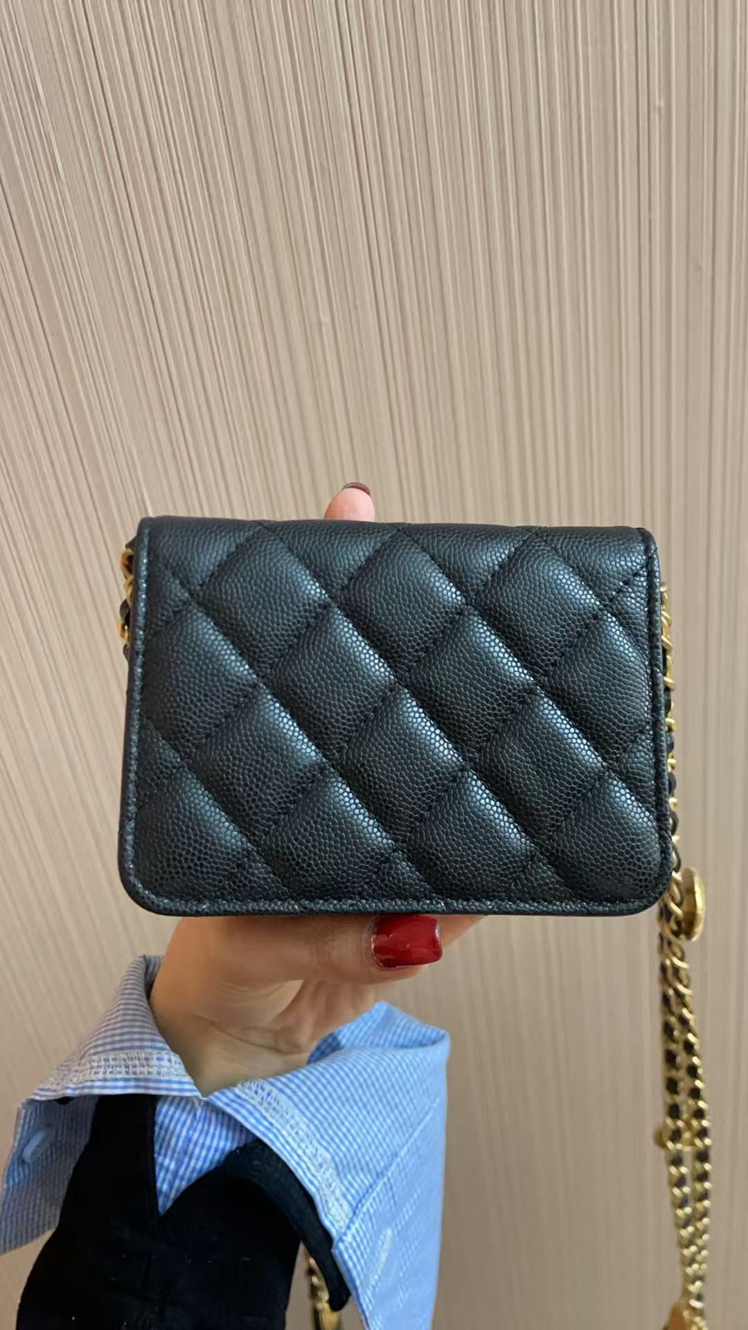 CHANEL Matelasse Caviar Skin Mini Chain Shoulder Bag Black Gold Hardware