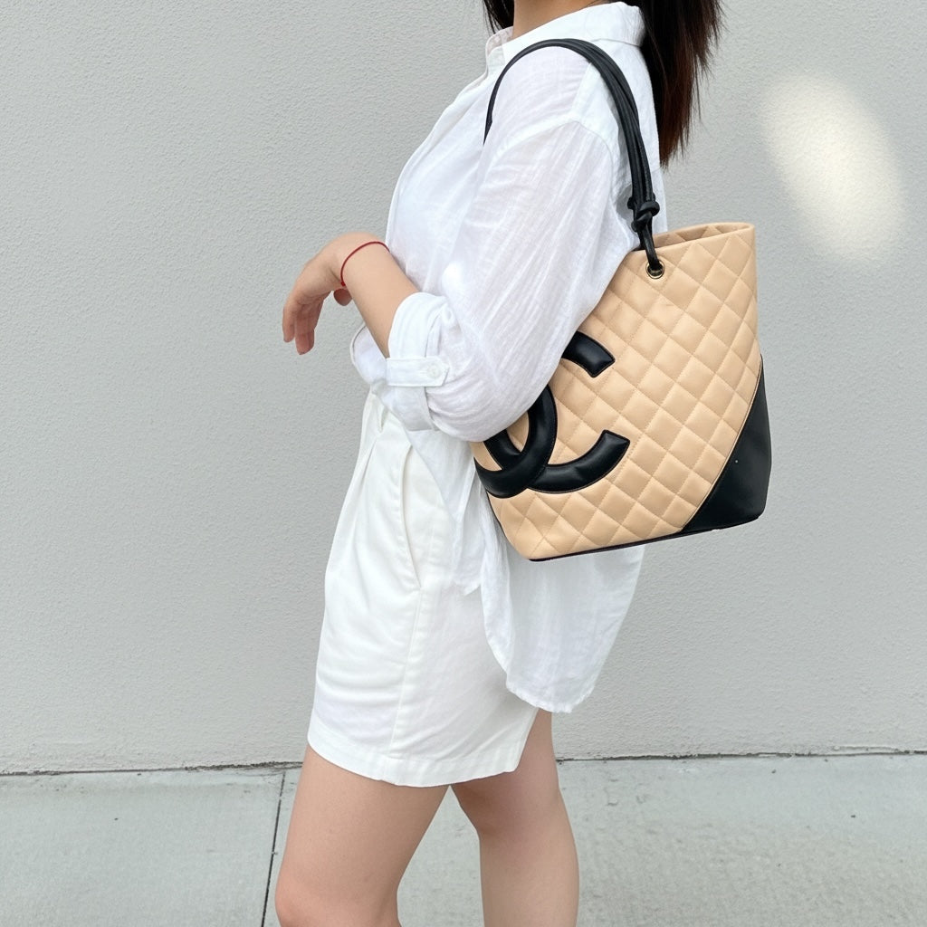 Include Entrupy Certificate of Authenticity｜Good ( Rank AB)｜ CHANEL Cambon Line Calf Leather Tote Bag Beige Made In 2003-2004Year｜Y26051521