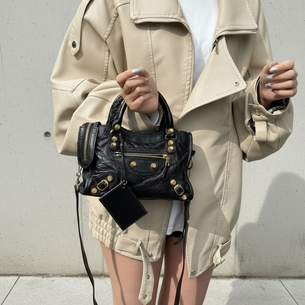 Include Entrupy Certificate of Authenticity｜Good ( Rank AB)｜Balenciaga Oiled Leather Gaint Classic mini city Handbag Shoulder Bag Black｜S26030822