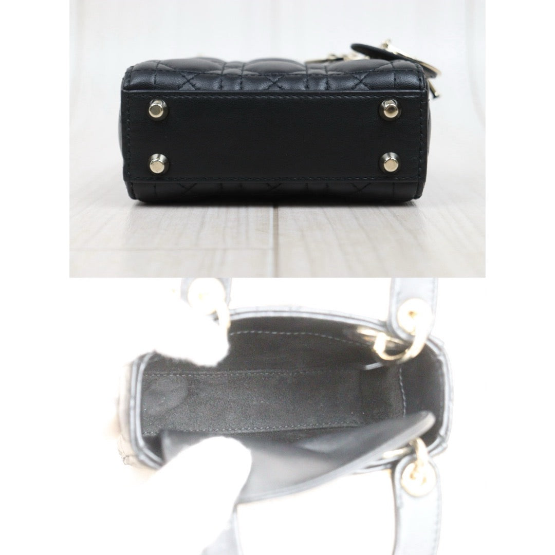 Very Good ( Rank A) ｜  Dior Mini Lady Dior Lamb Skin 2WAY Shoulder Bag Handbag Black  ｜S25110431