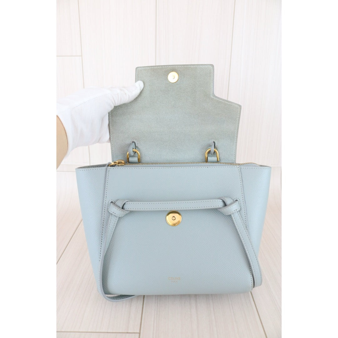 Good ( Rank AB)｜CELINE Calf Leather  Belt Nano Handbag Shoulder Bag Light Blue｜X26030106