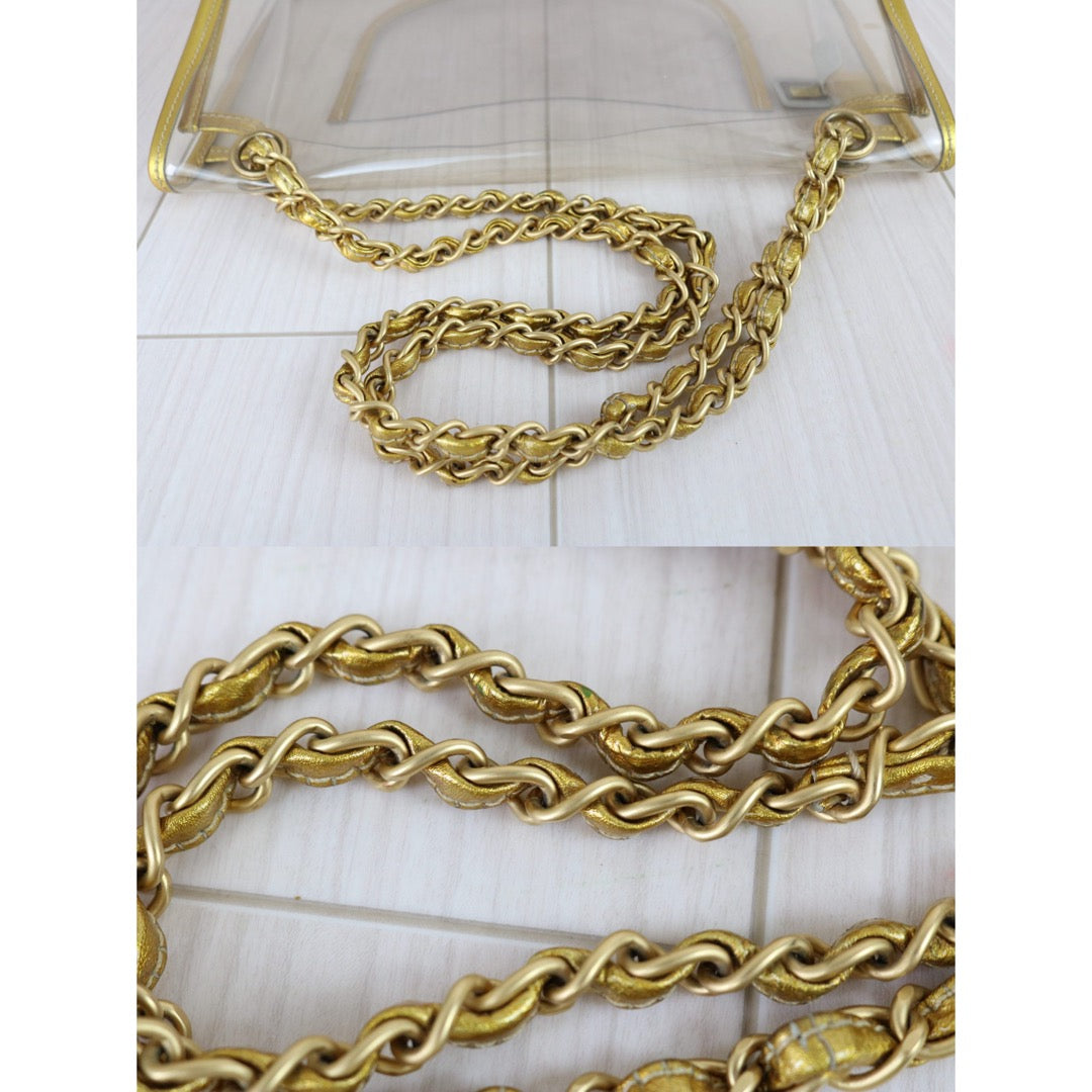 Include Entrupy Certificate of Authenticity｜Good ( Rank AB) ｜ CHANEL Vintage Clear PVC Gold Trim Classic Flap  Chain Bag Made In 2006-2008 Year｜S26083011
