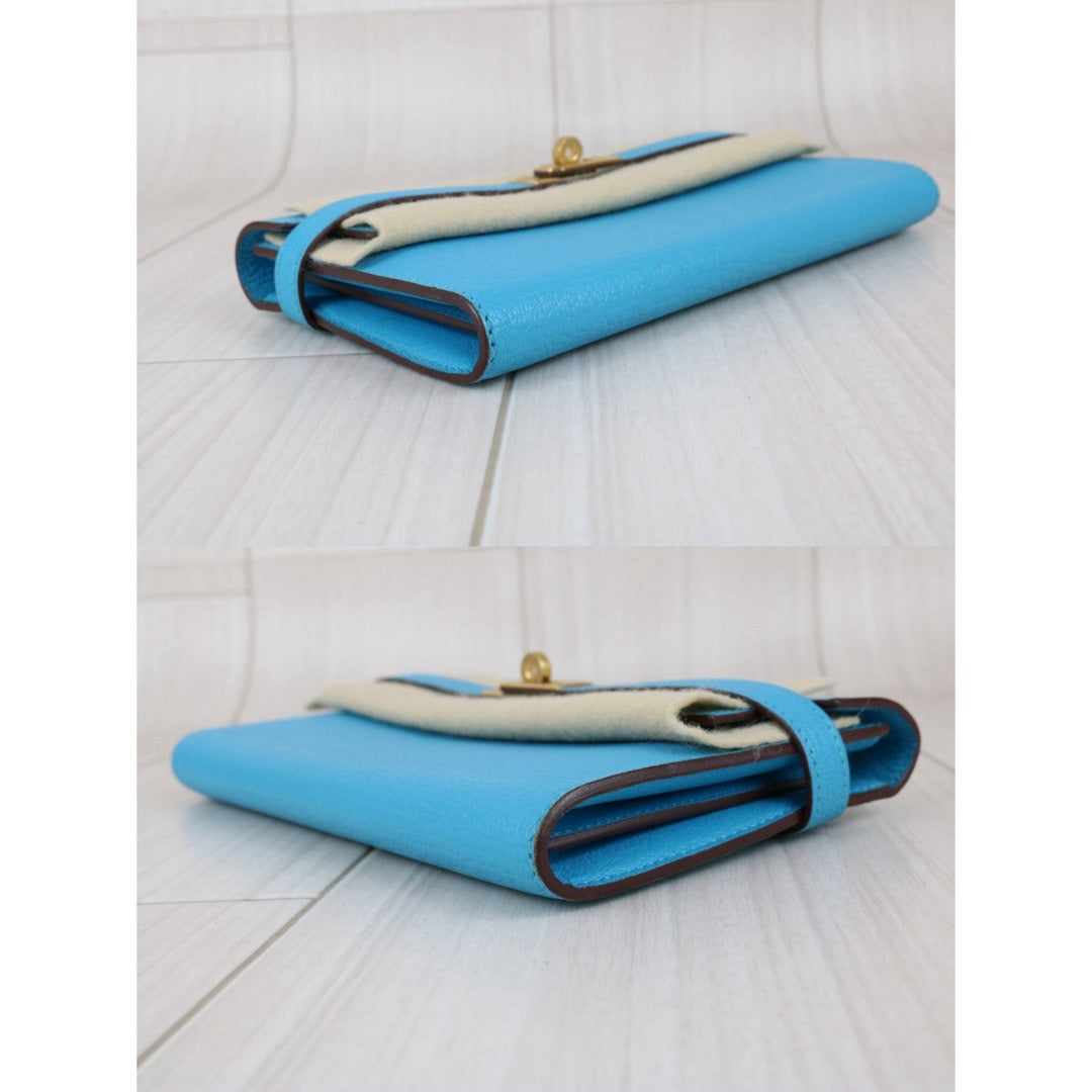 Include Entrupy Certificate of Authenticity｜Very Good ( Rank A)｜ HERMES Goatskin Kelly Long Wallet Blue Paon □R Stamp Made In 2014Year｜X26042002