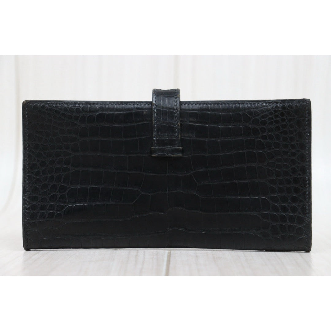 Good ( Rank AB)｜ HERMES Bearn Black Crocodile skin Long Wallet 〇V Stamp Made In 1992Year｜25112604