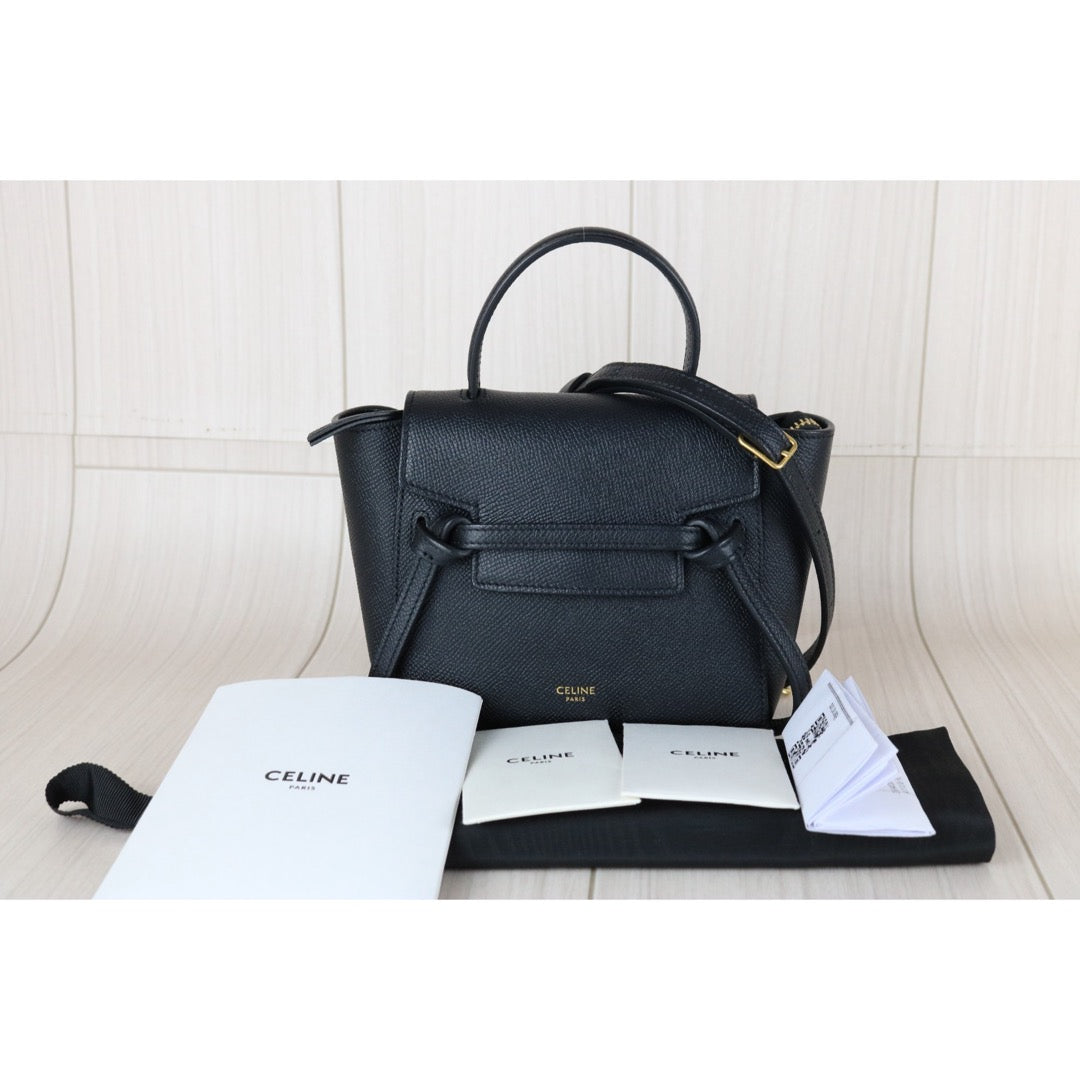 Good ( Rank AB)｜CELINE Calf Leather Belt Pico Handbag Shoulder Bag Black｜X25092807