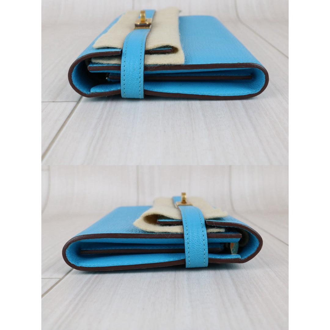 Include Entrupy Certificate of Authenticity｜Very Good ( Rank A)｜ HERMES Goatskin Kelly Long Wallet Blue Paon □R Stamp Made In 2014Year｜X26042002