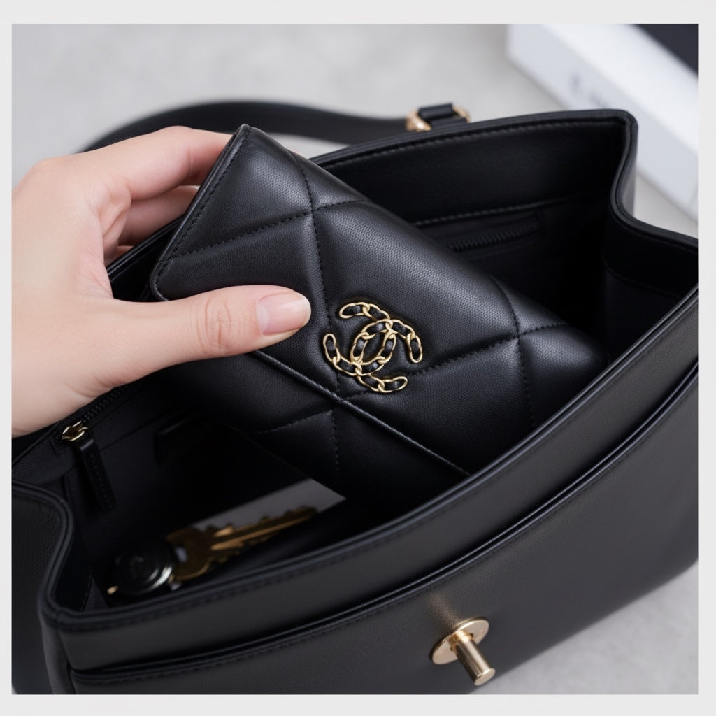 Include Entrupy Certificate of Authenticity｜Very Good ( Rank A)｜CHANEL 19bag Lambskin Black Long Wallet IC Chips Model｜S26071801