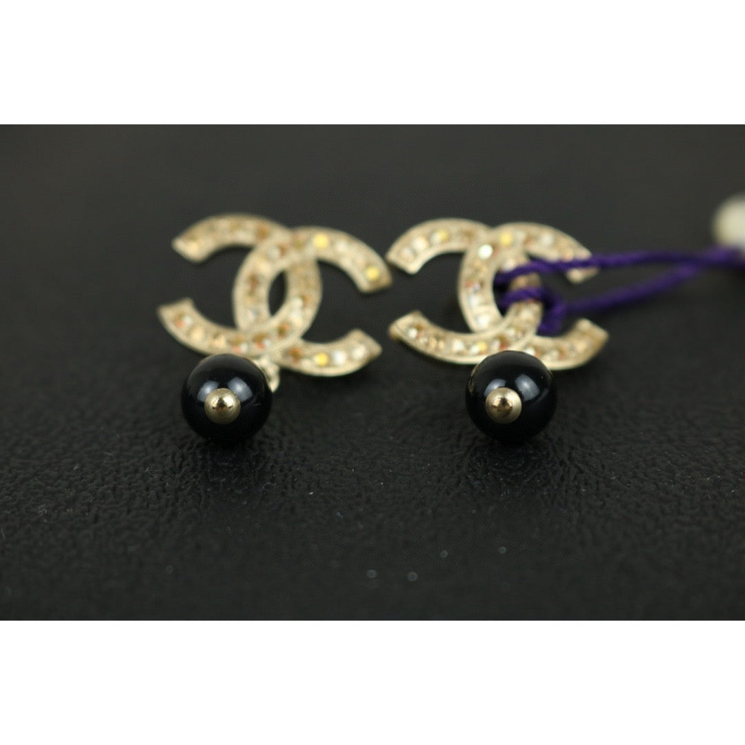 Very Good ( Rank A)｜ CHANEL  Coco Mark  Gold Rhinestone Black Pearl Earrings ｜F25021106
