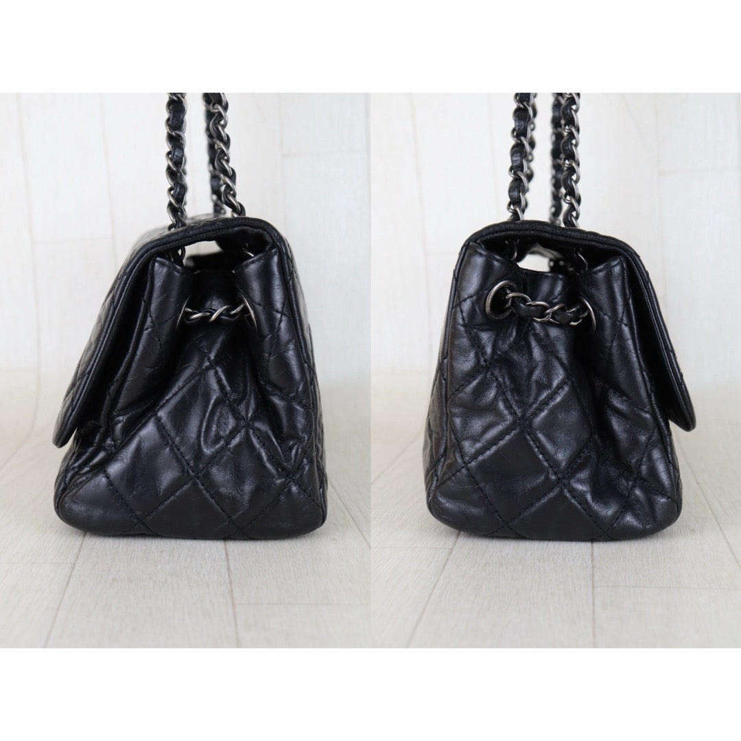 Include Entrupy Certificate of Authenticity｜Very Good ( Rank A)｜ CHANEL  Cire Leather  Chain Single Flap Shoulder Bag Black Made in 2014-2015Year｜S26030815