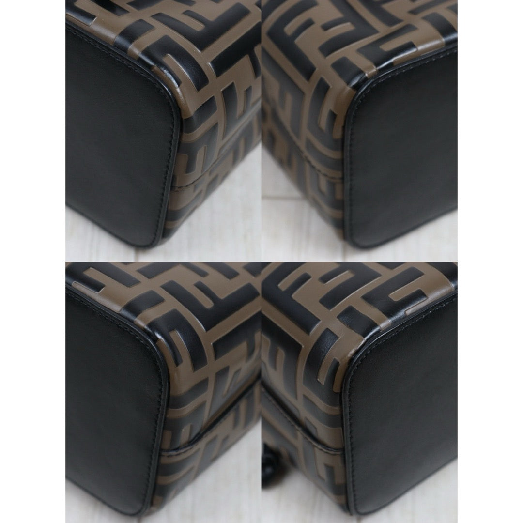 Include Entrupy Certificate of Authenticity｜Good ( Rank AB)｜ FENDI Zucca Mini Mon Tresor Calf Leather Bucket bag Shoulder Bag Brown ｜26051904