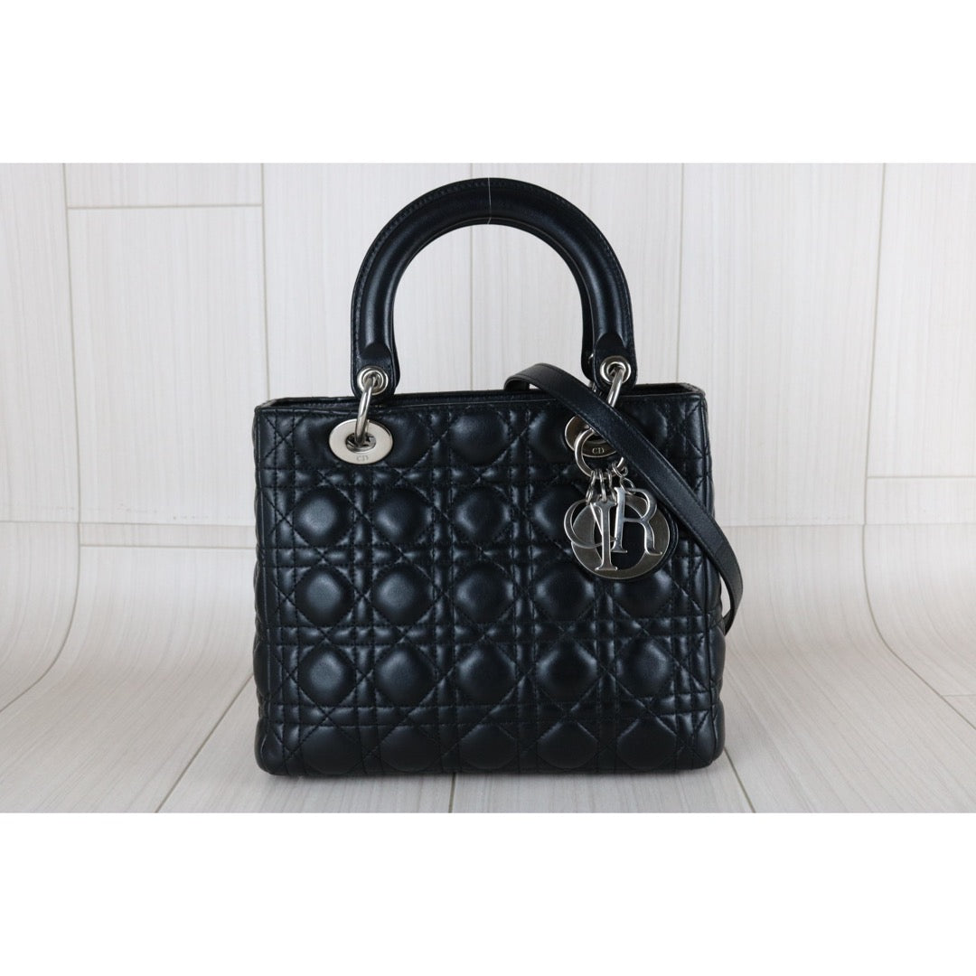 Very Good ( Rank A) ｜  Dior Lady Dior Lamb Skin 2WAY Handbag Shoulder Bag  Black  ｜S25121402