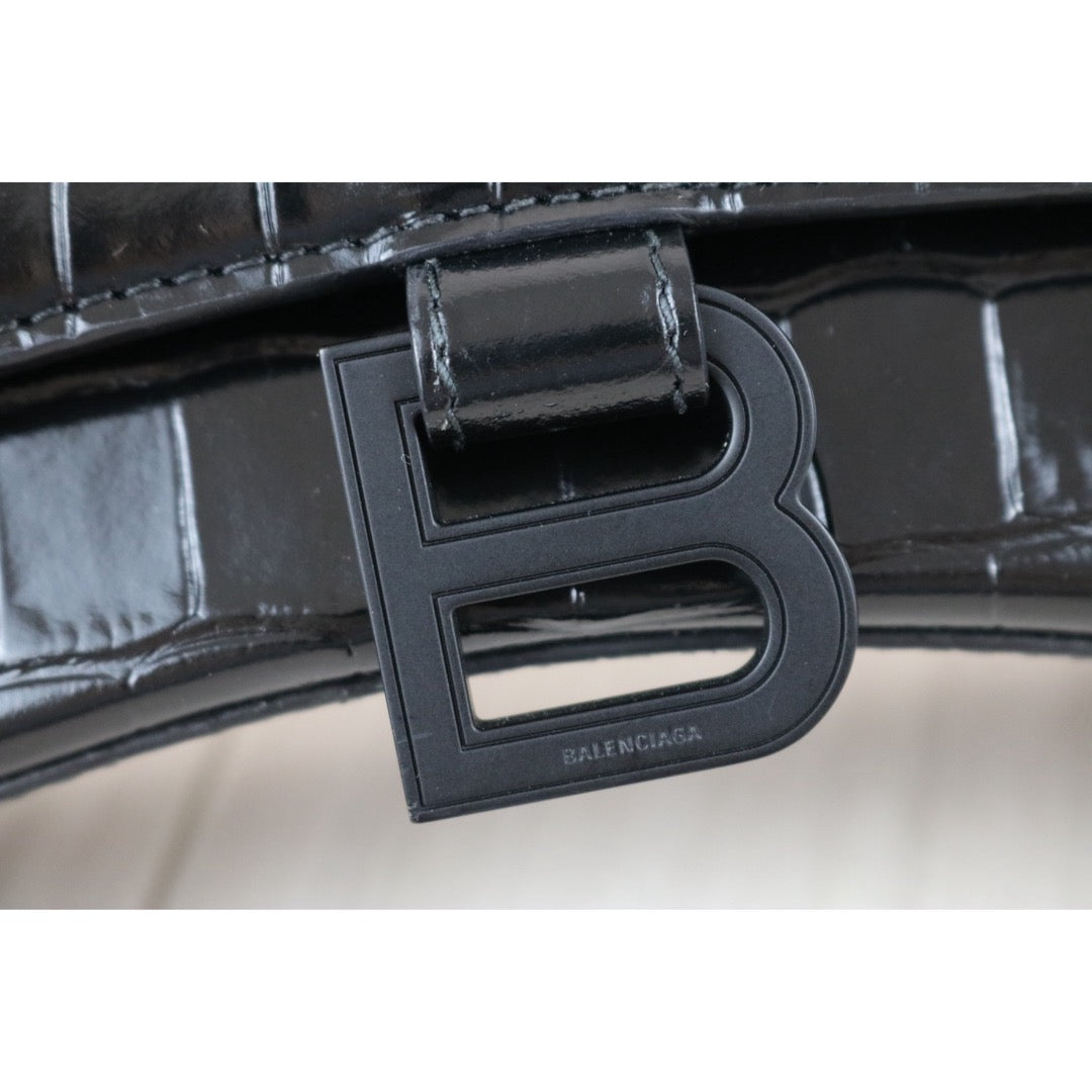 Include Entrupy Certificate of Authenticity｜Very Good ( Rank A)｜Balenciaga Crocodile Embossed Calfskin So Black Hourglass Hand Bag Shoulder Bag XS｜Z26091606