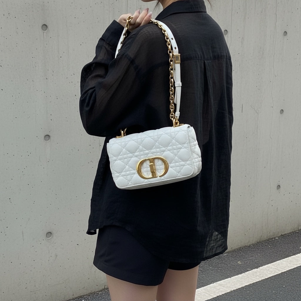 Include Entrupy Certificate of Authenticity｜Good ( Rank AB) ｜Dior Caro Calf Leather Chain Shoulder Bag PM White  ｜W26052201
