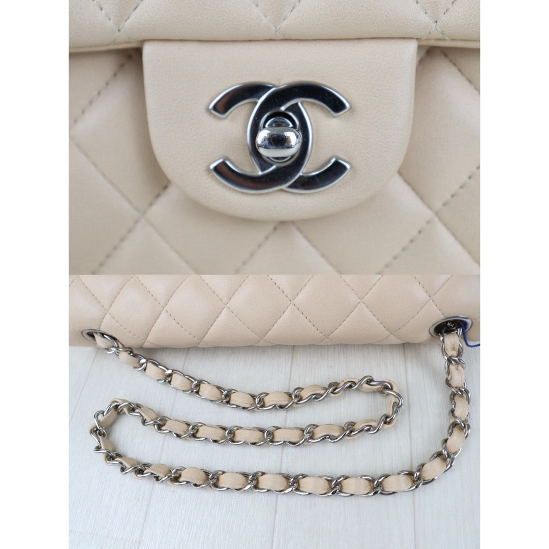Include Entrupy Certificate of Authenticity｜Very Good ( Rank A)｜ CHANEL Lamb Skin Matrasse Chain Double East West Shoulder Bag  Beige Made In 2008-2009 Year｜S26083007