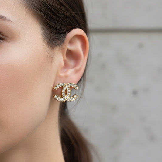 Include Authentic Detective Certificate of Authenticity｜Very Good ( Rank A) ｜ CHANEL  Coco Mark Golden Plated Rhinestone  Earrings ｜26062607