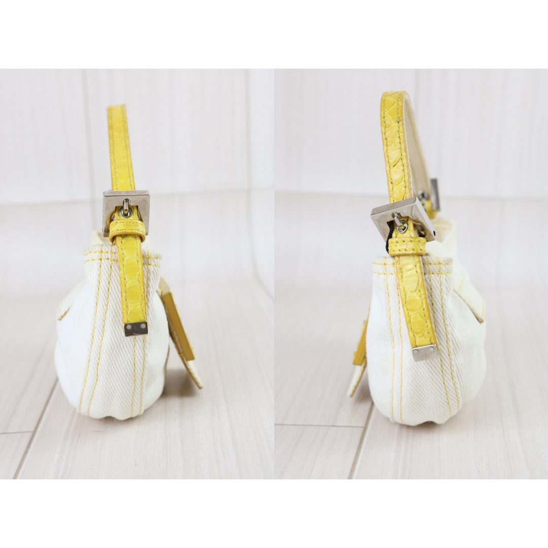 Include Entrupy Certificate of Authenticity｜Good ( Rank AB)｜ FENDI White Denim and Yellow Python Mini Croissant Shoulder Bag ｜X26090802