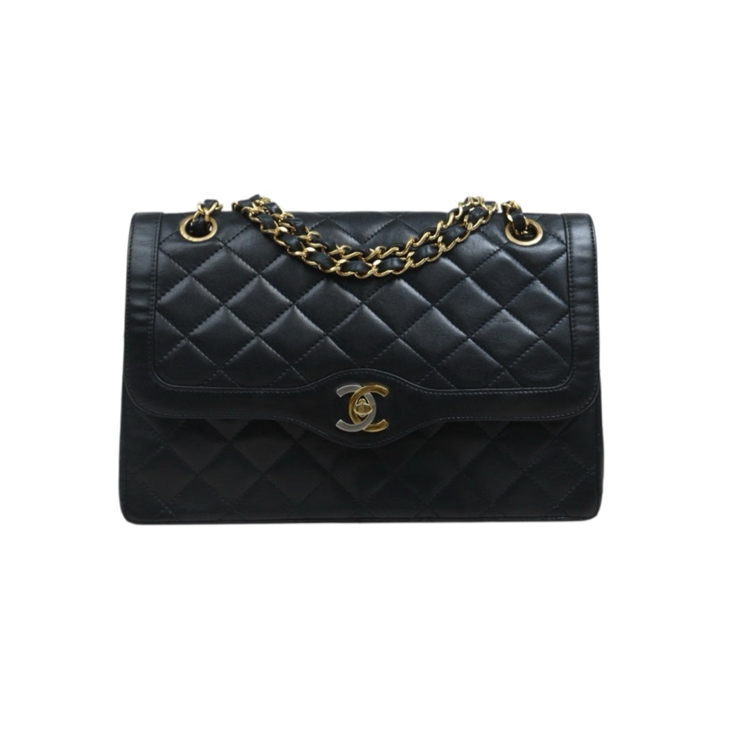 Include Entrupy Certificate of Authenticity｜Good ( Rank AB)｜CHANEL Paris Limited Edition Lambskin Black Double Flap Shoulder Bag  Made In 1991～1994Year｜S26080615
