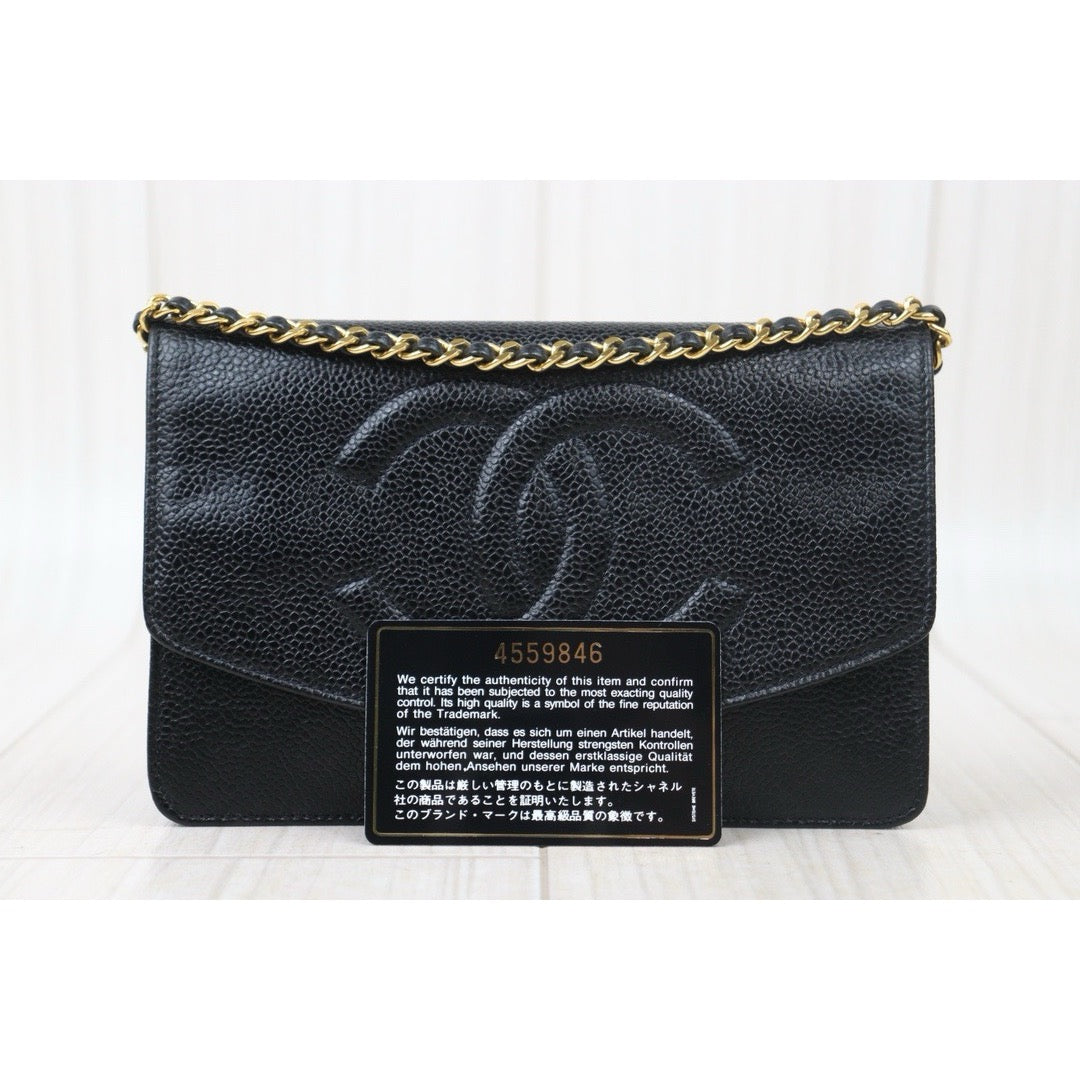 Good ( Rank AB)｜ CHANEL Caviar Skin Chain Wallet Black Gold Hardware Made in 1996-1997 Year ｜24100705