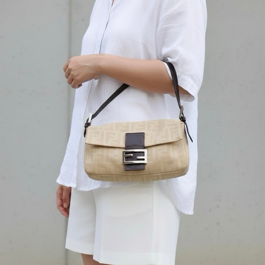 Include Entrupy Certificate of Authenticity｜Fair ( Rank B)｜ FENDI Zucca Mamma Baguette Shoulder Bag Beige｜26070317