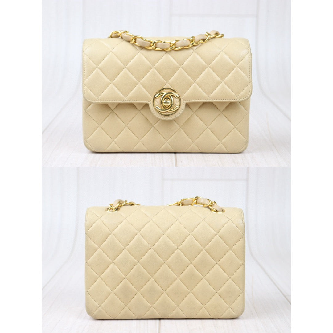 Good ( Rank AB)｜ CHANEL Lanbskin Square 17 Beige Shoulder Bag Made In 1989～1991Year ｜P24073001