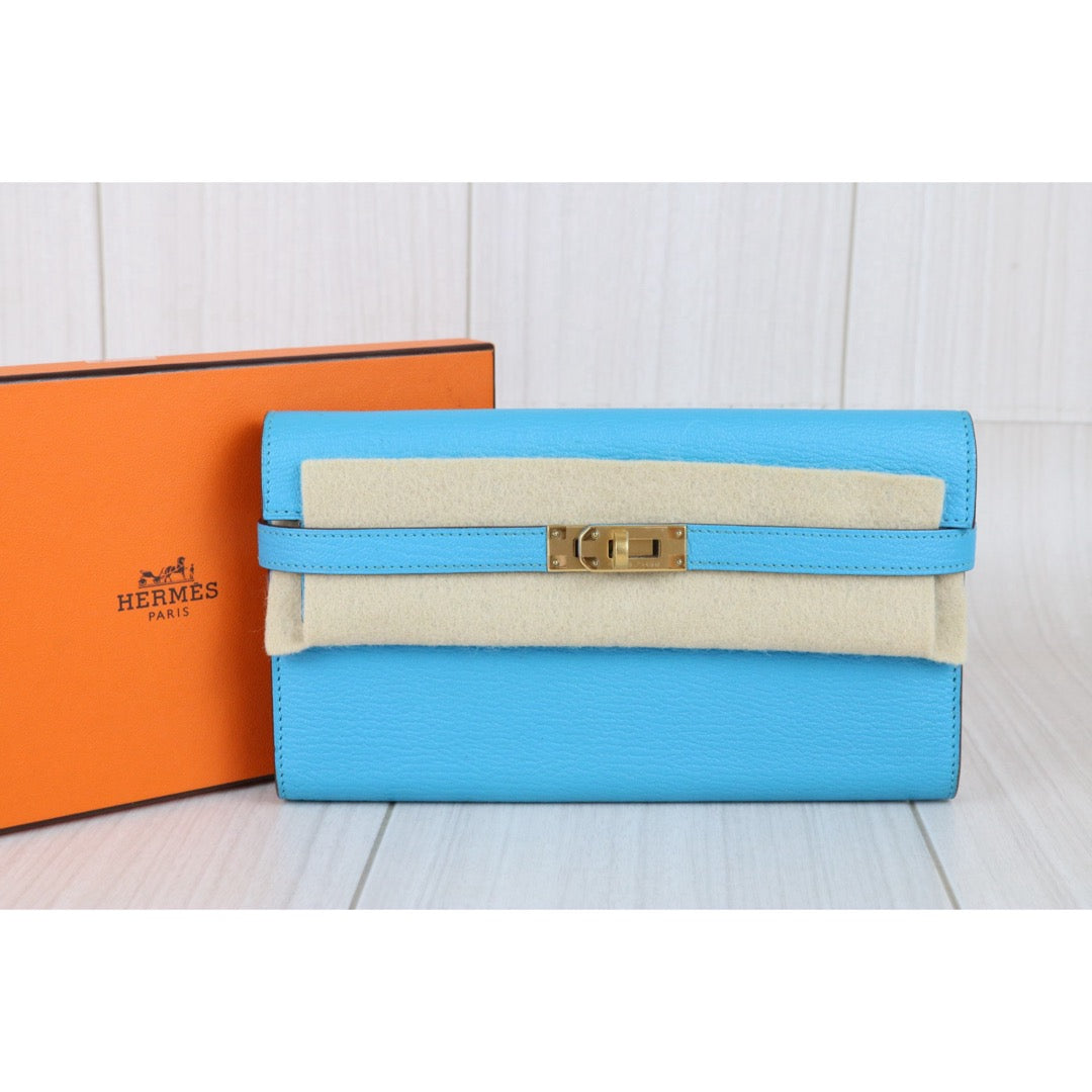 Include Entrupy Certificate of Authenticity｜Very Good ( Rank A)｜ HERMES Goatskin Kelly Long Wallet Blue Paon □R Stamp Made In 2014Year｜X26042002