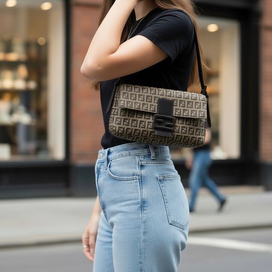 Include Entrupy Certificate of Authenticity｜Very Good ( Rank A)｜ FENDI Zucca Mamma Baguette  Shoulder Bag  Light Taupe PM｜S26030905