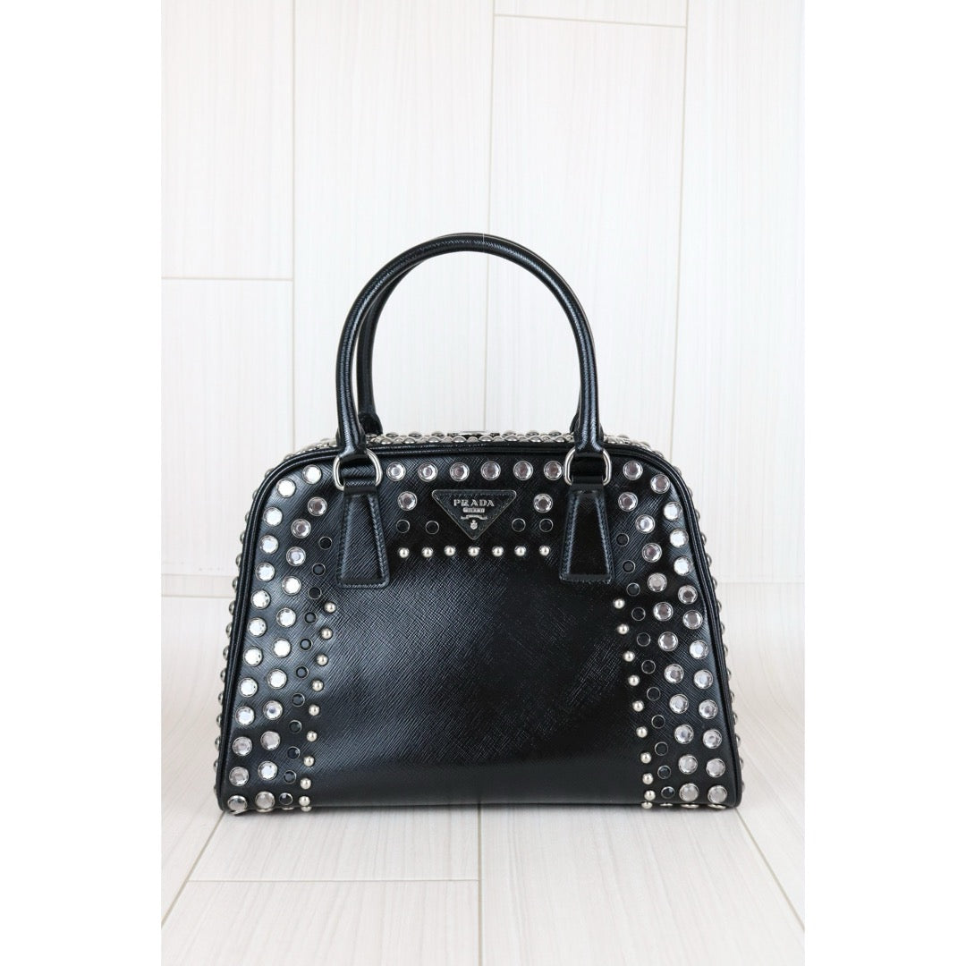 Good ( Rank AB)｜Prada Saffiano Lux Leather Rhinestone HandBag Black｜X25040304