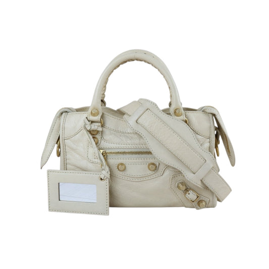 Include Entrupy Certificate of Authenticity｜Good ( Rank AB)｜Balenciaga Waxed Leather Gaint Classic City Mini Beige HandBag Shoulder Bag ｜S26060107