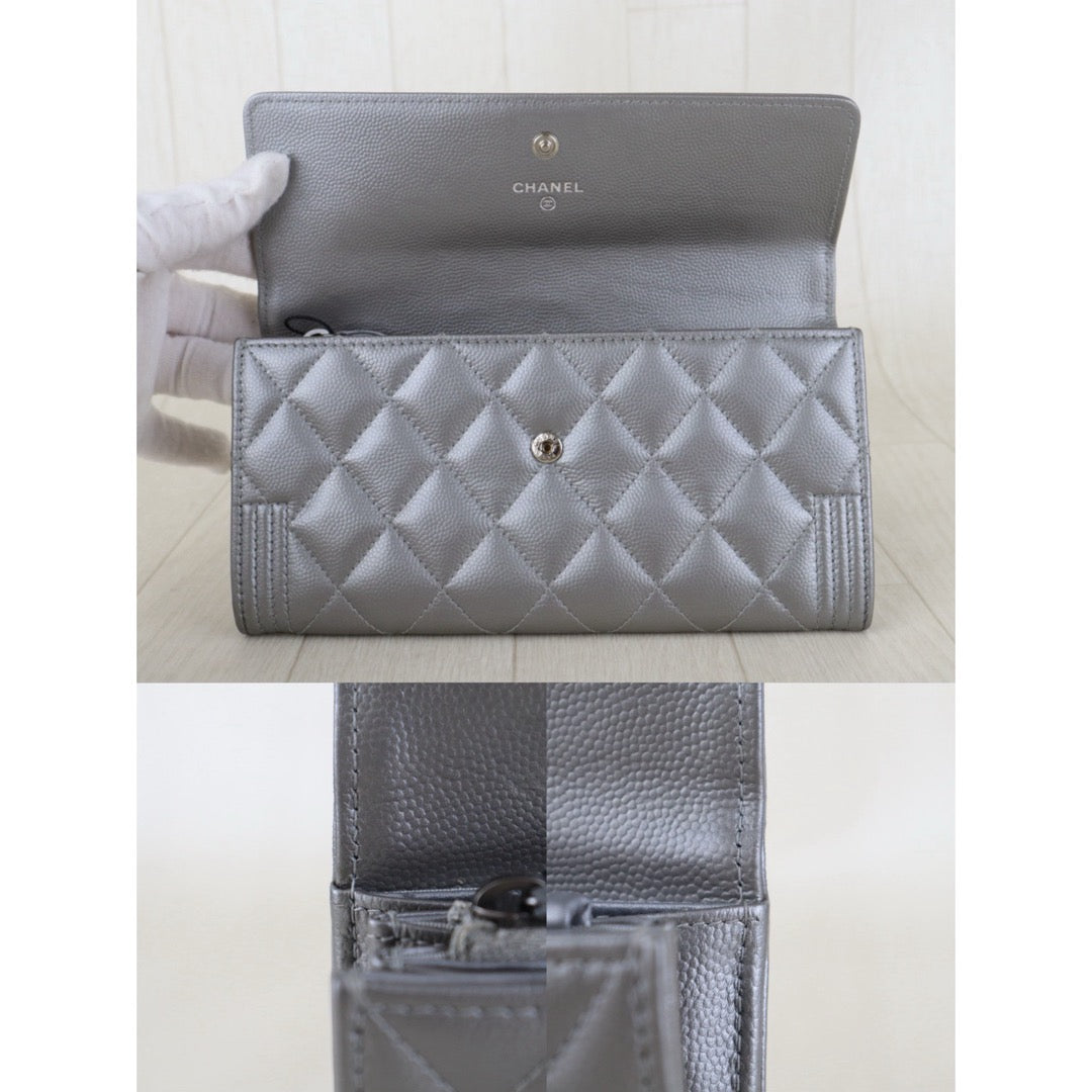 Include Entrupy Certificate of Authenticity｜Very Good ( Rank A)｜Chanel Caviar Skin Leboy  Space Silver Long Wallet Made In 2017-2018Year ｜S26090725