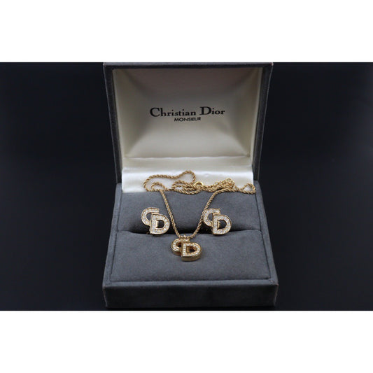 Rank A ｜ Dior CD Rhinestone Necklace Earring Set ｜24041805