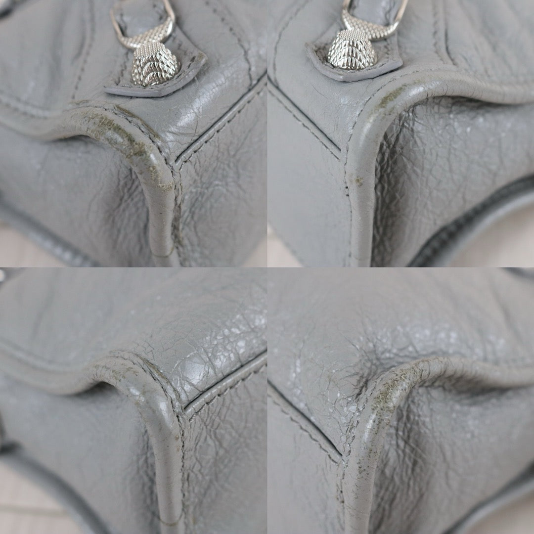 Include Entrupy Certificate of Authenticity｜Good ( Rank AB)｜Balenciaga Waxed Leather Gaint Classic Mini City Grey HandBag Shoulder Bag ｜S26072604