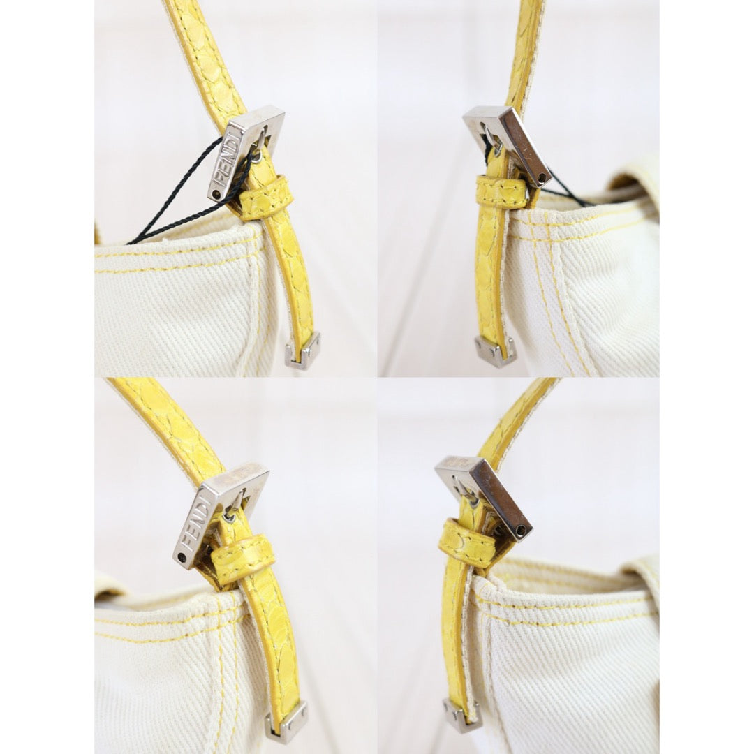 Include Entrupy Certificate of Authenticity｜Good ( Rank AB)｜ FENDI White Denim and Yellow Python Mini Croissant Shoulder Bag ｜X26090802