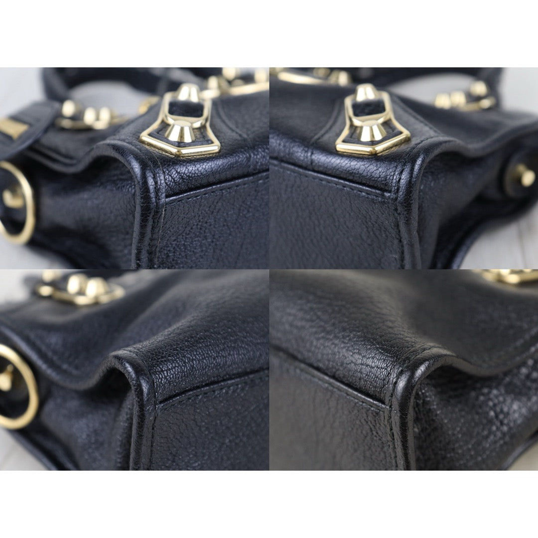Include Entrupy Certificate of Authenticity｜Very Good ( Rank A)｜Balenciaga Chevre Leather Gaint Classic Metallic Edge City Mini Black HandBag Shoulder Bag ｜Z26091514